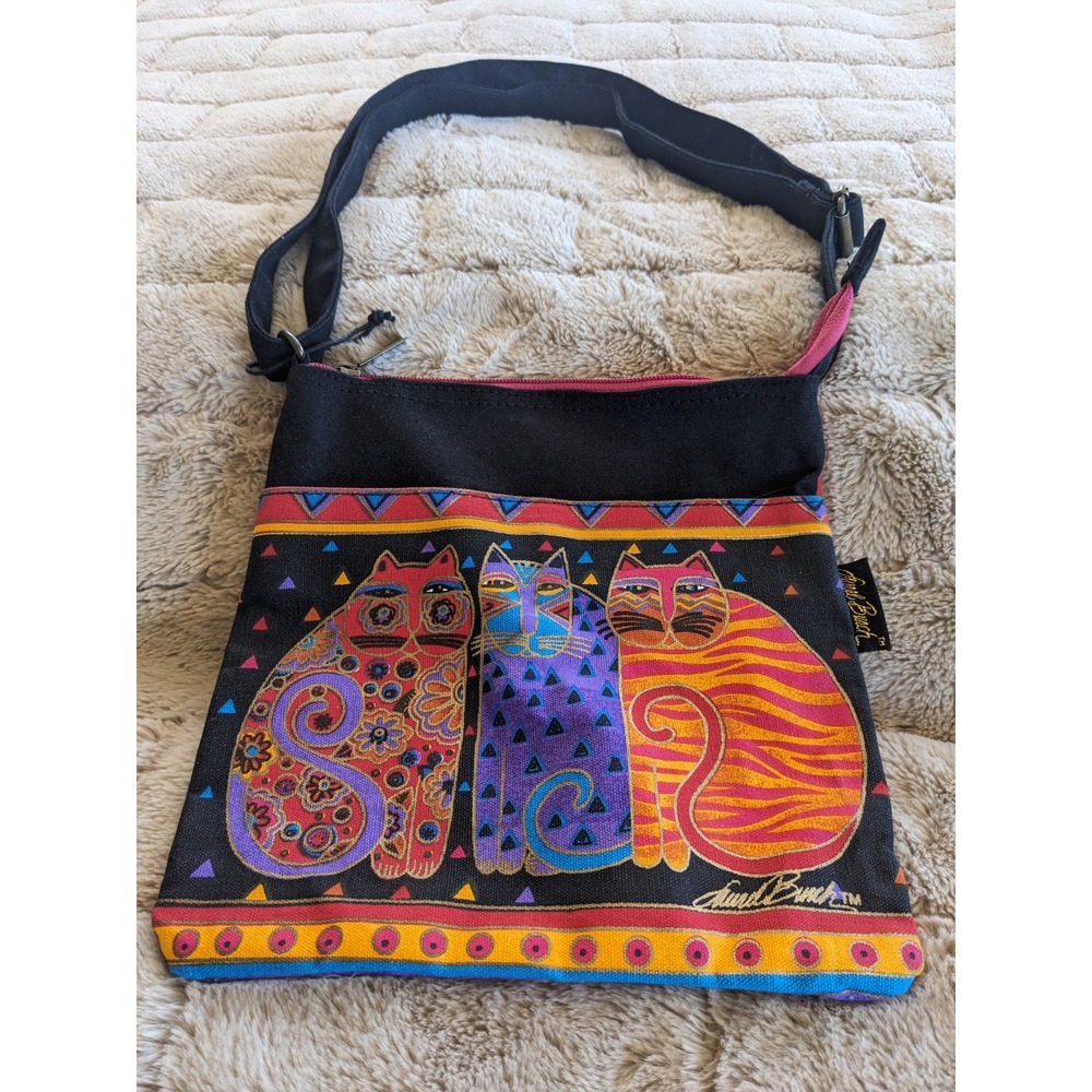 Laurel Burch Three Cat Canvas Crossbody Bag Black Multi Color Messenger Bag